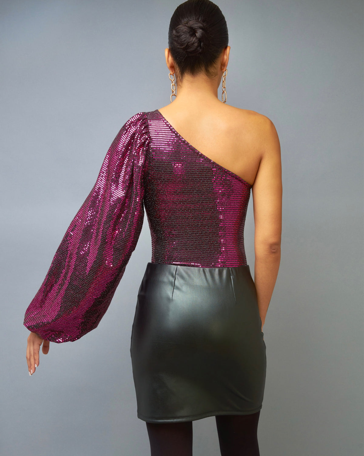 Sparkling Spectacle Fuchsia Shimmering One-Shoulder Bodysuit