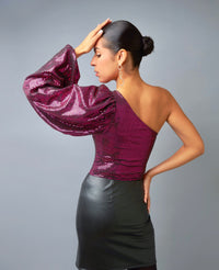 Sparkling Spectacle Fuchsia Shimmering One-Shoulder Bodysuit