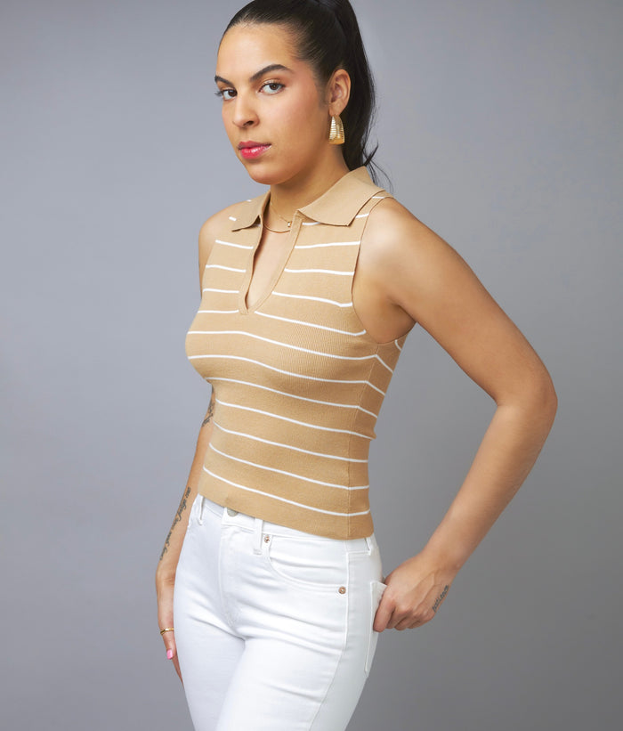 Get The Look Taupe Striped Ribbed Knit Sleeveless Top