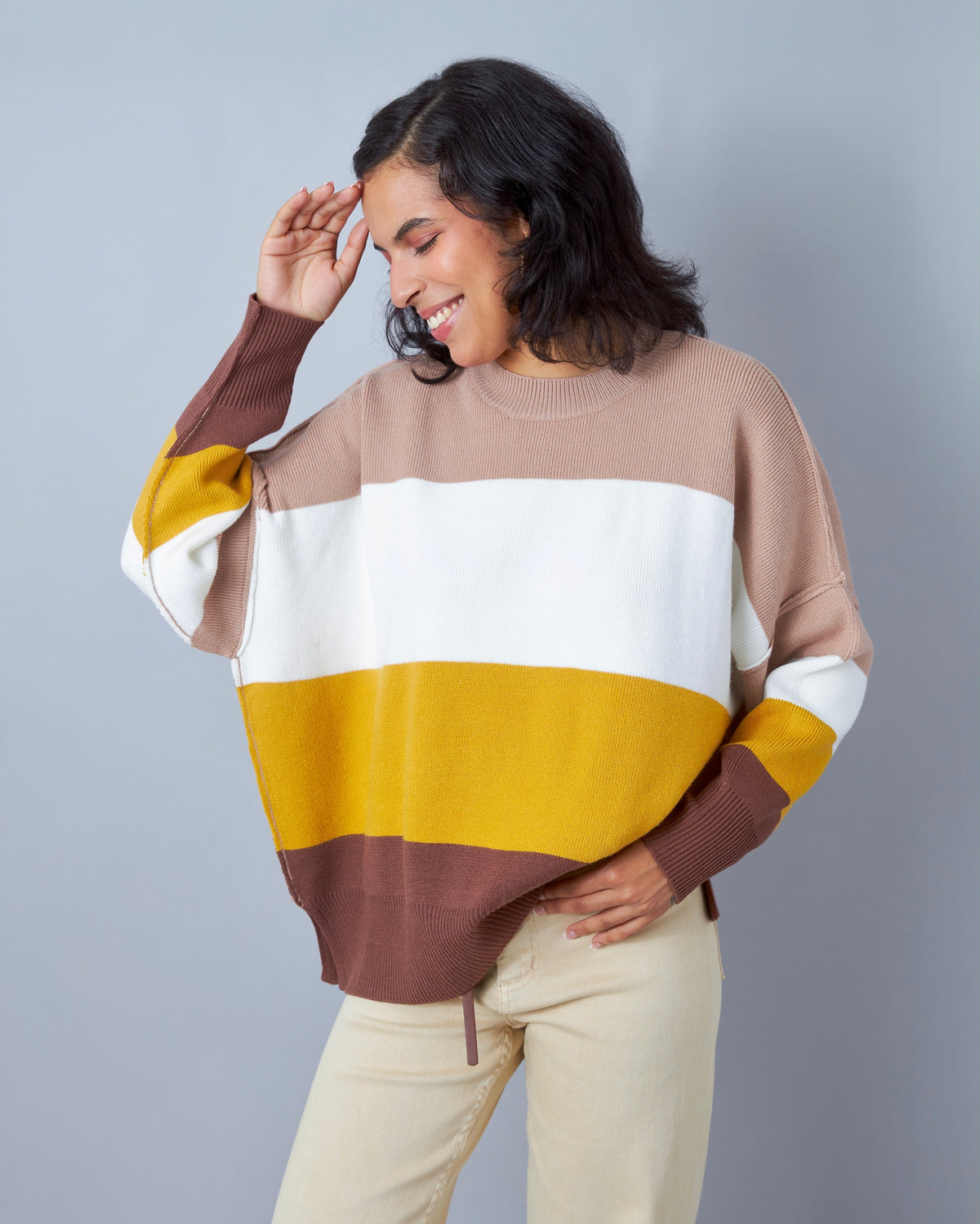 Karlee Neutral Color Block Ribbed Knit Sweater Top