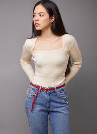 Oh-So Cute Beige Square Neck Ribbed Cable Knit Sweater Top