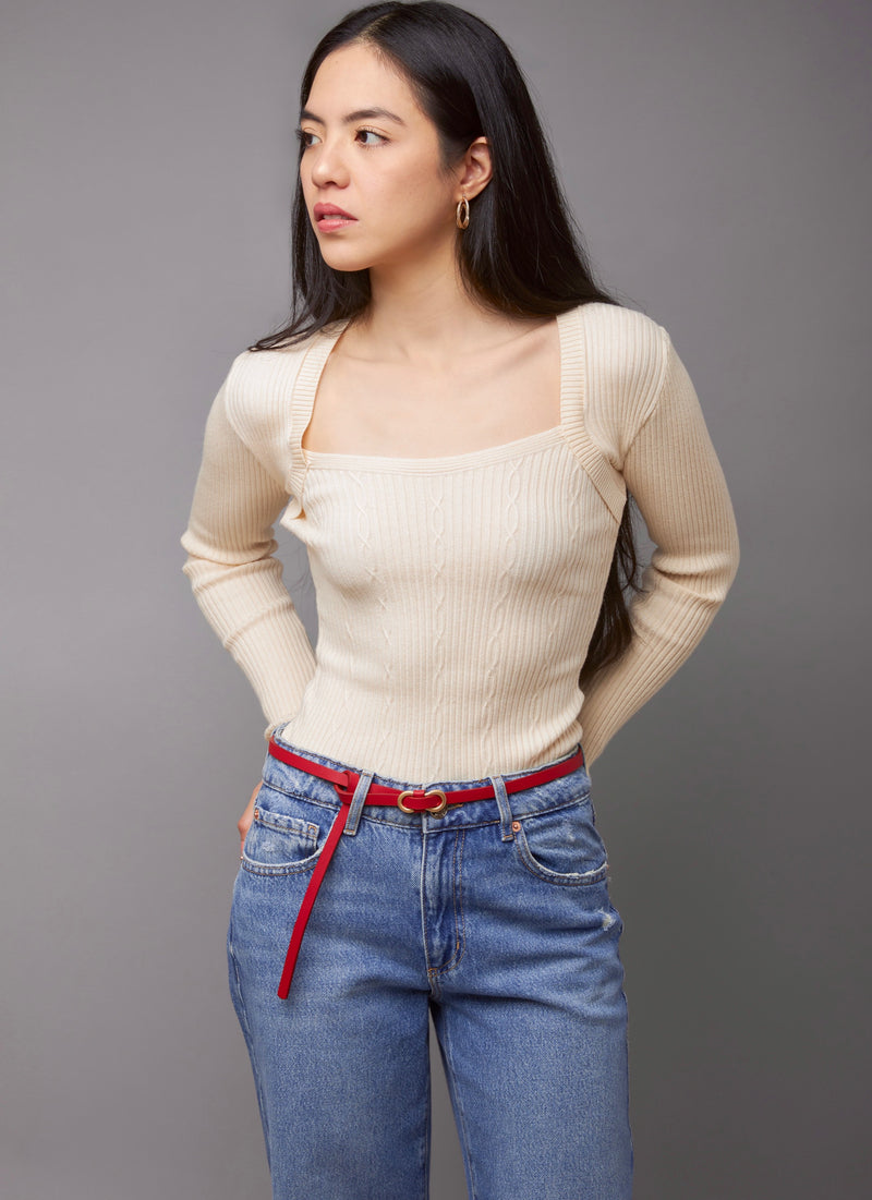 Oh-So Cute Beige Square Neck Ribbed Cable Knit Sweater Top