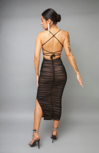 Spectacular Visual Black Ruched Lace Up Midi Dress