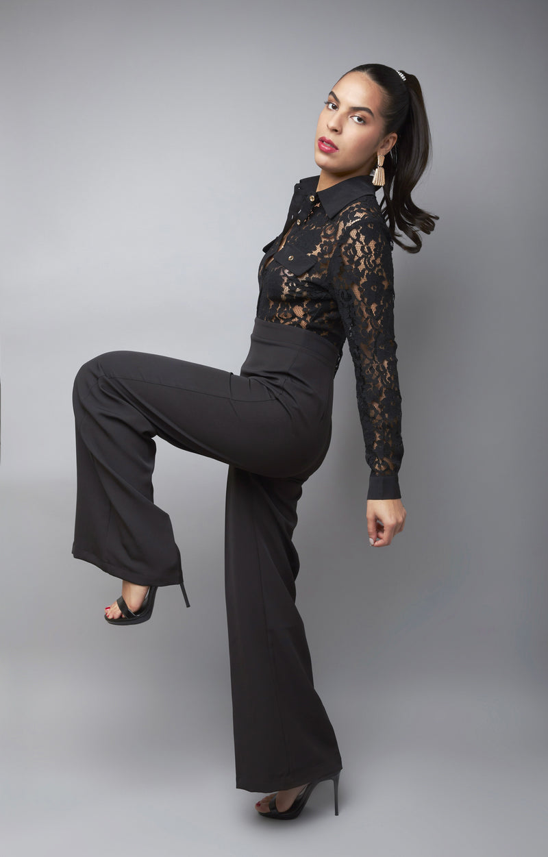 Timeless Fashion Black Button-Up Wide-Leg Jumpsuit