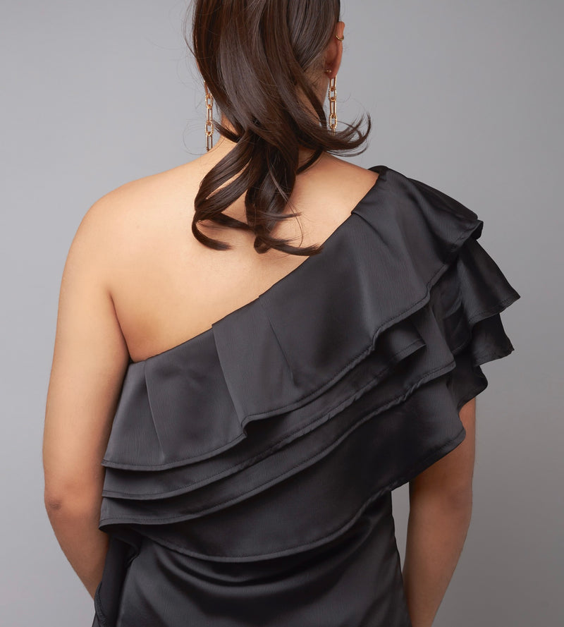 Dare To Impress Black One-Shoulder Ruffle Blouse