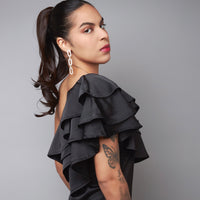 Dare To Impress Black One-Shoulder Ruffle Blouse