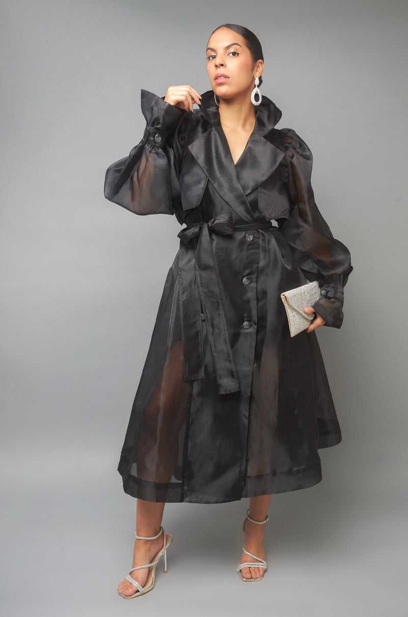 Whimsical Charm Black Oraganza Puffy Sleeve Trench Coat