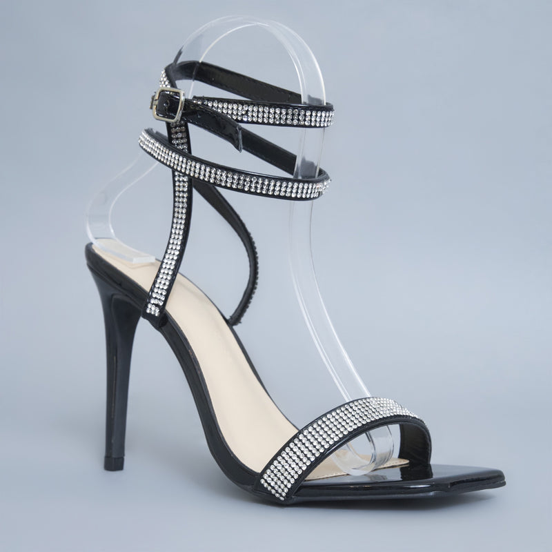 Gia Black Rhinestone Ankle Strap Dress Heeled Sandals