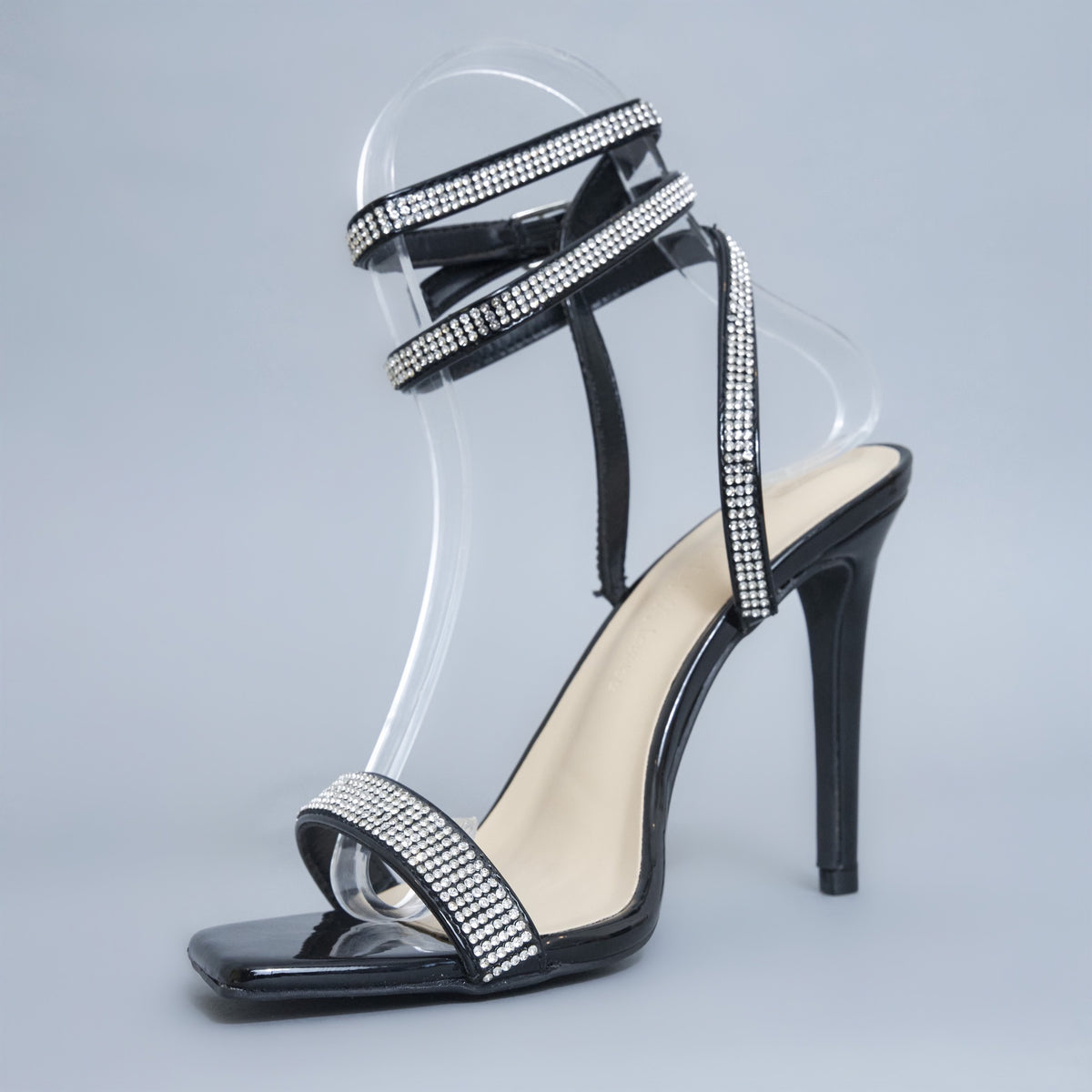 Gia Black Rhinestone Ankle Strap Dress Heeled Sandals