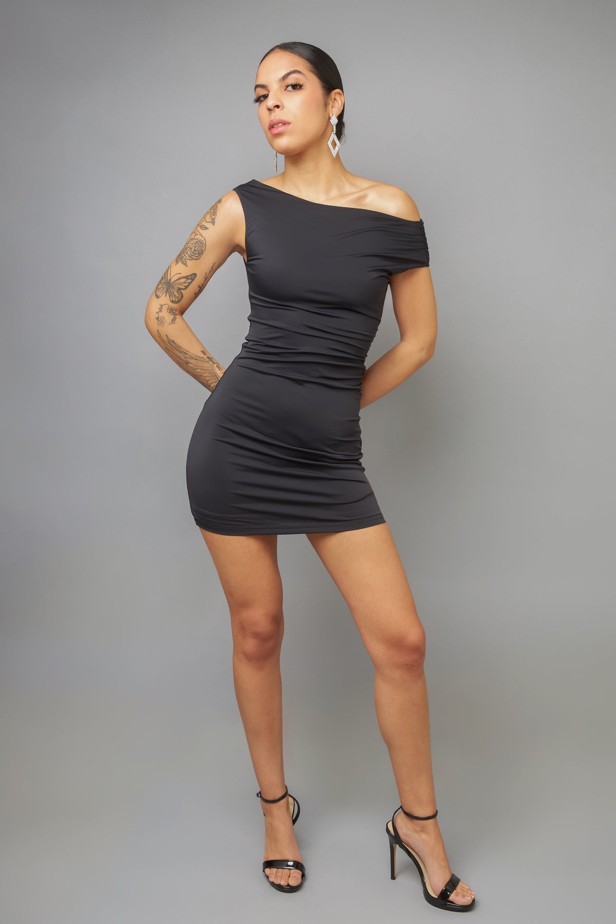 Modern Flair Black Ruched Off-The-Shoulder Mini Dress