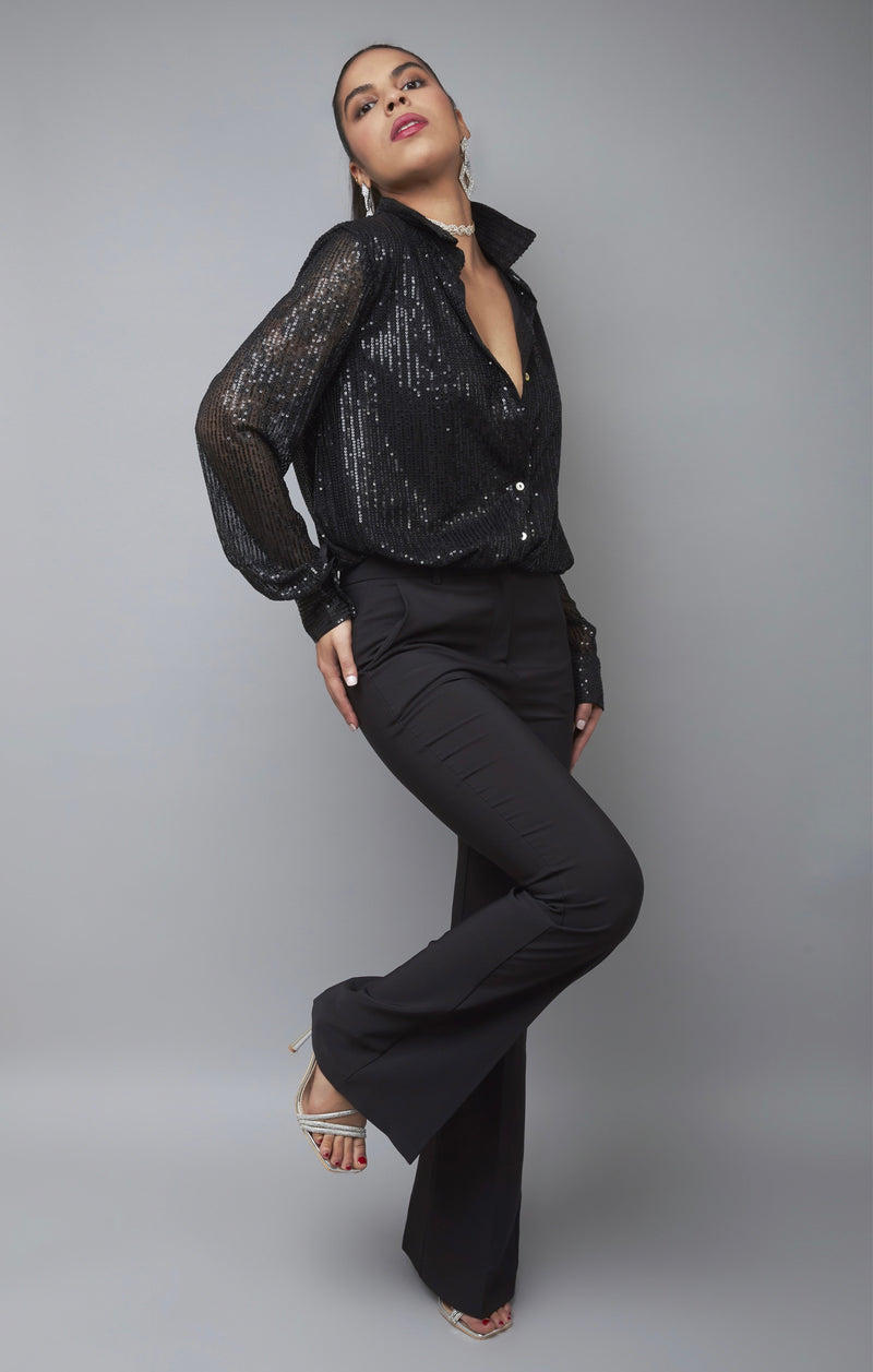 Midnight Style Black Sequin Button-Up Shirt