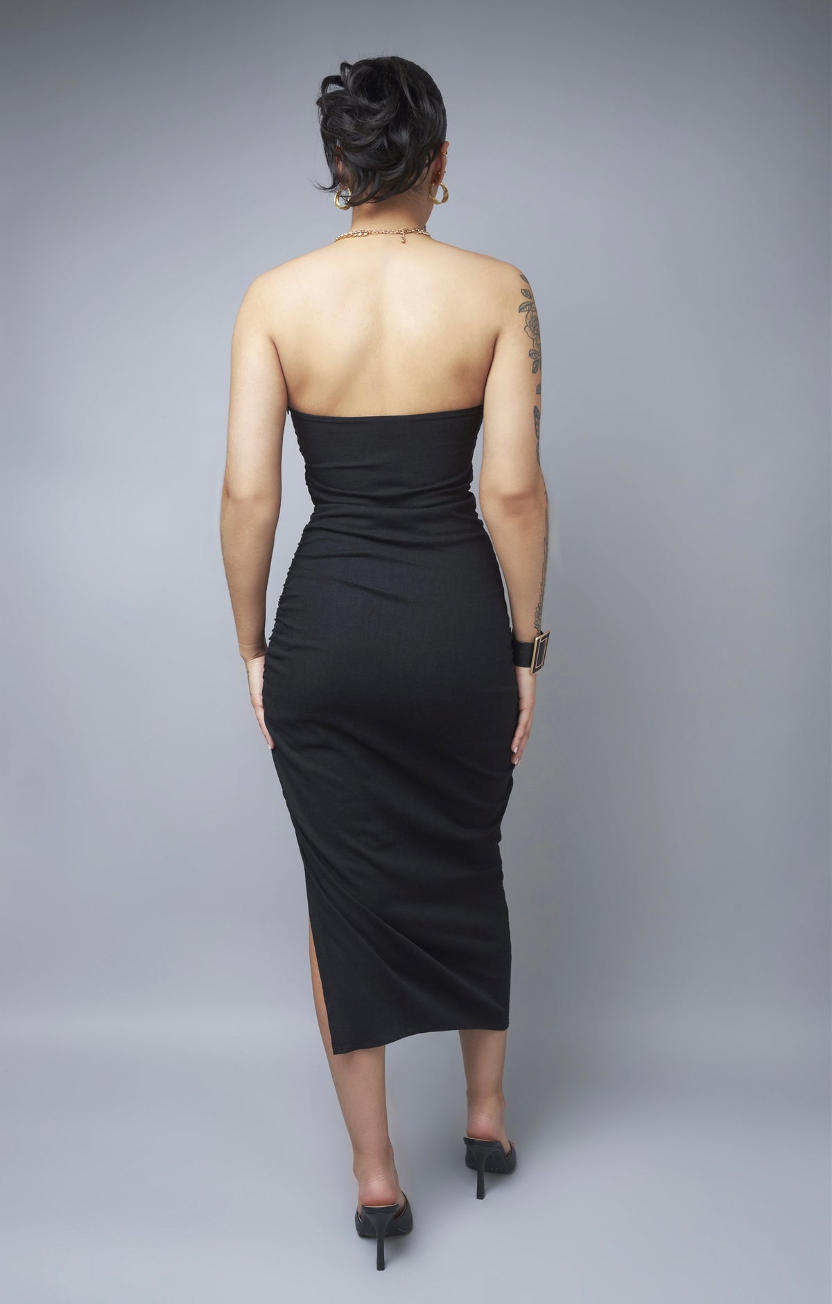 Enticing Black Linen Strapless Midi Bodycon Dress