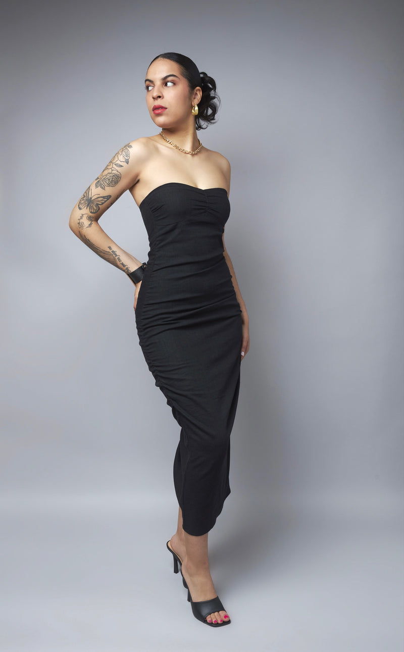 Enticing Black Linen Strapless Midi Bodycon Dress