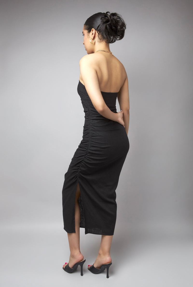 Enticing Black Linen Strapless Midi Bodycon Dress