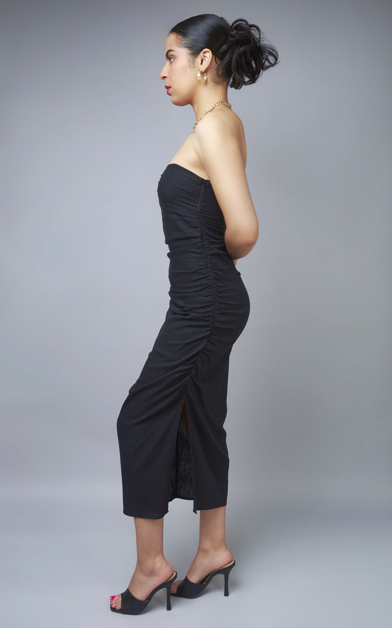 Enticing Black Linen Strapless Midi Bodycon Dress