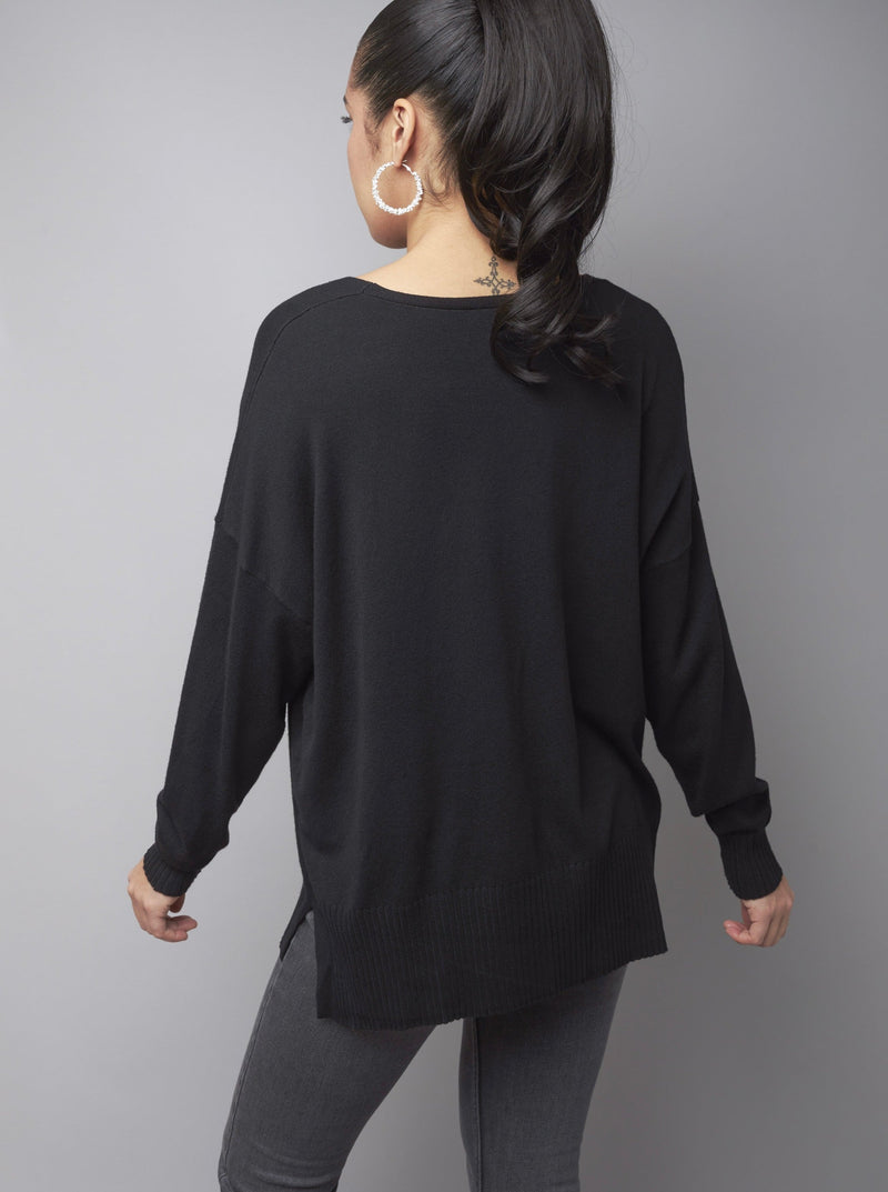 Easygoing Basic Black V-Neck Knit Sweater Top