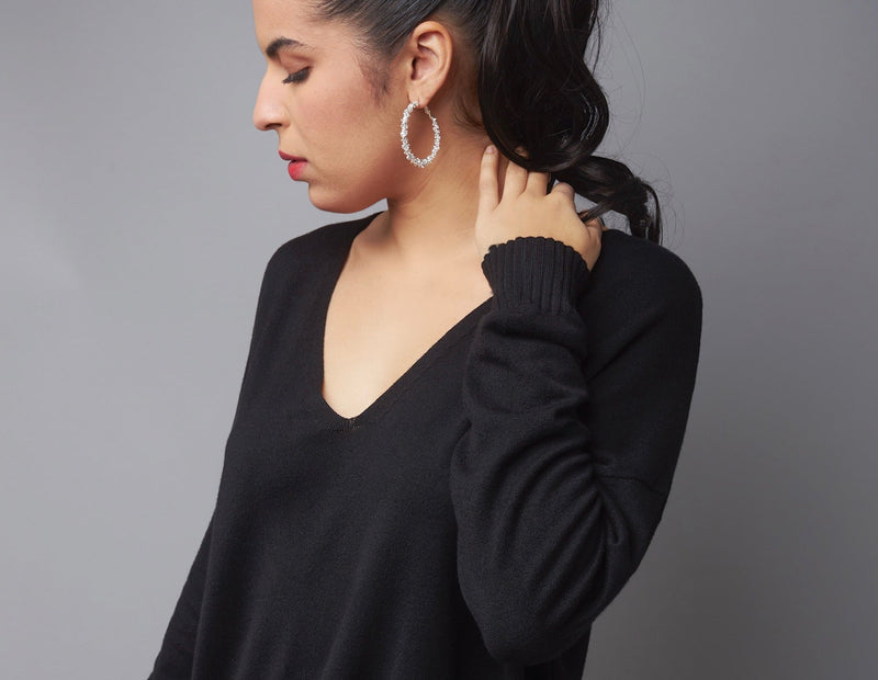 Easygoing Basic Black V-Neck Knit Sweater Top