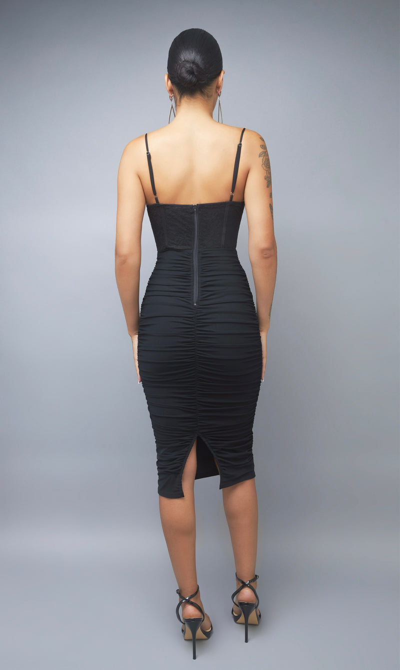 Meaningful Memories Black Ruched Sleeveless Bodycon Midi Dress
