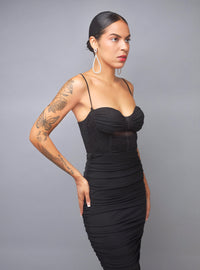 Meaningful Memories Black Ruched Sleeveless Bodycon Midi Dress