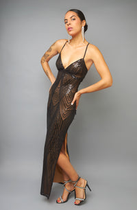 Visual Allure Black Nude Lace Up Sequin Maxi Dress