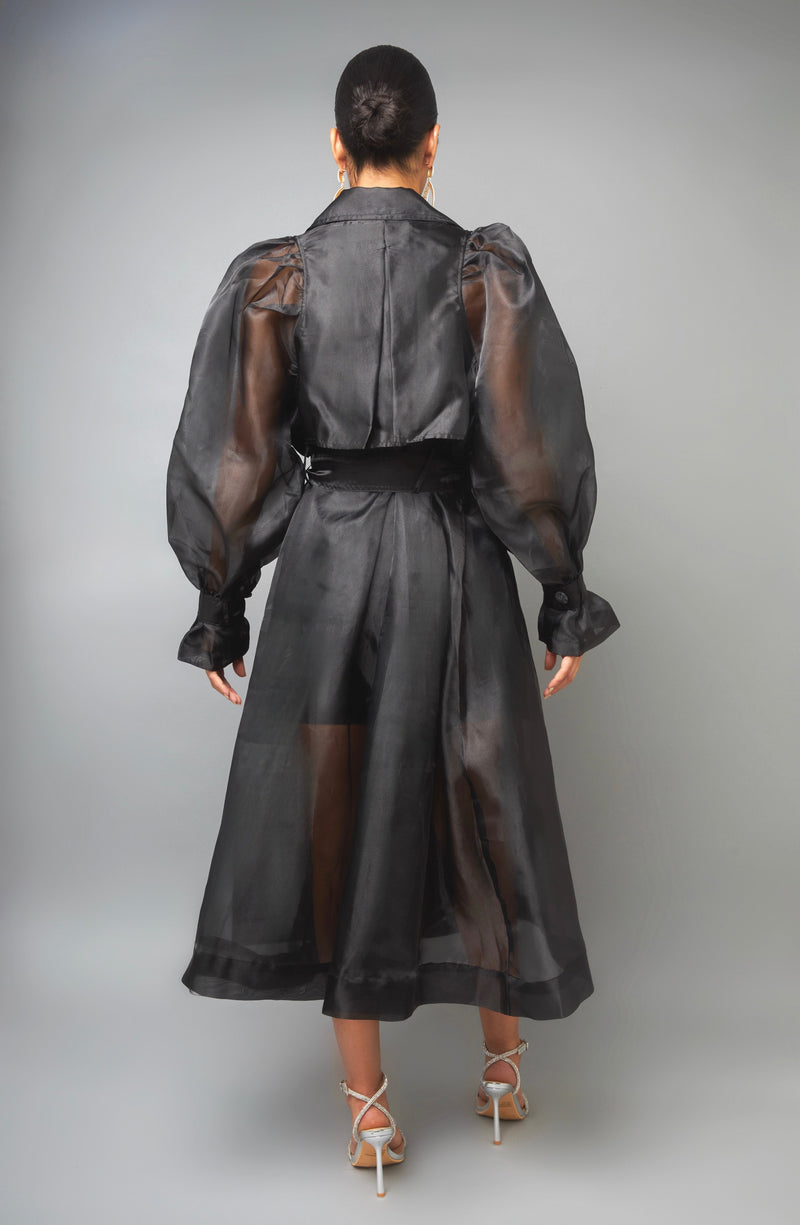 Whimsical Charm Black Oraganza Puffy Sleeve Trench Coat