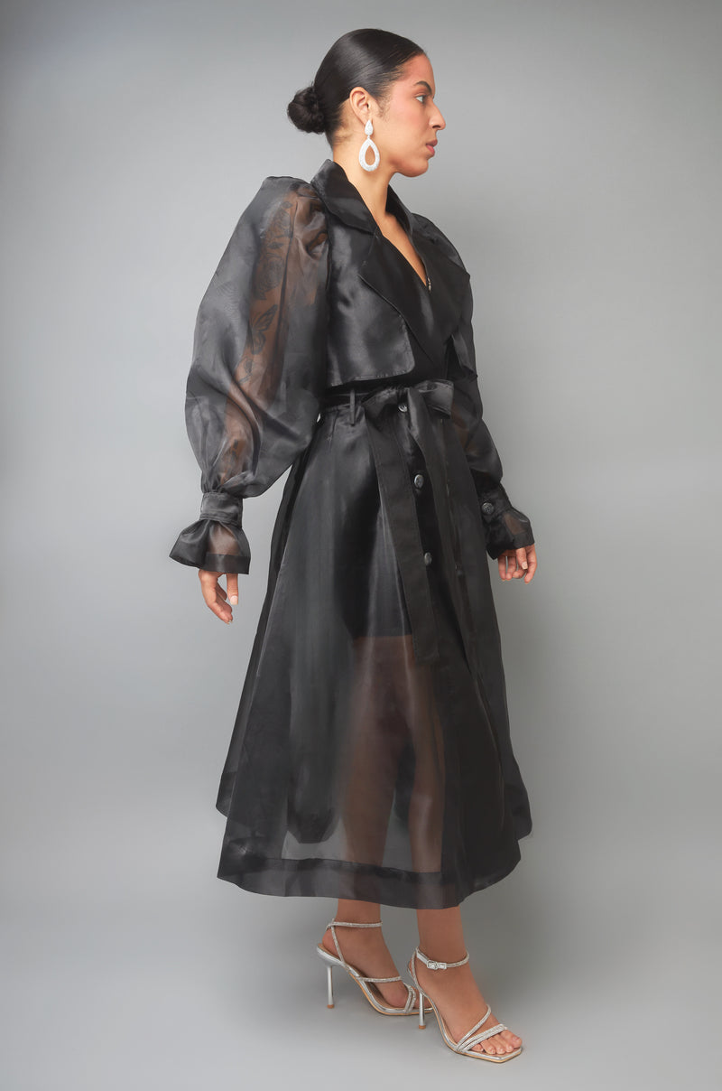 Whimsical Charm Black Oraganza Puffy Sleeve Trench Coat