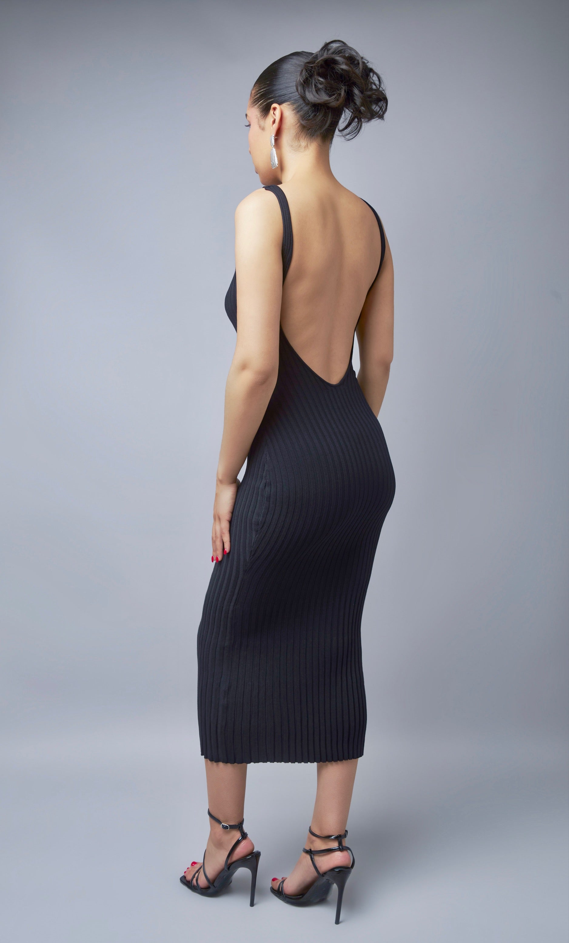 ribbed backless midi dress JOAH BROWN Adjustable Fitted Cross Back Ribbed Midi Dress with Square Neck | Sepia Washed Rib