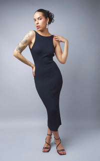 Unstoppable Black Ribbed Knit Backless Bodycon Midi Dress