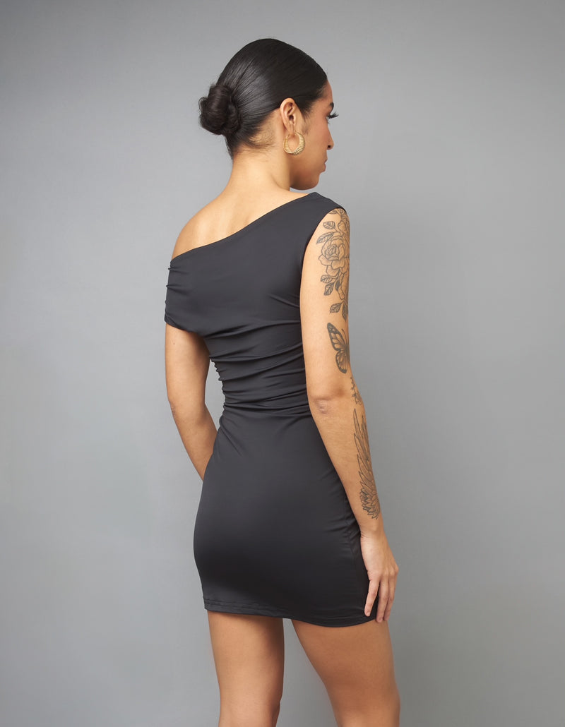 Modern Flair Black Ruched Off-The-Shoulder Mini Dress