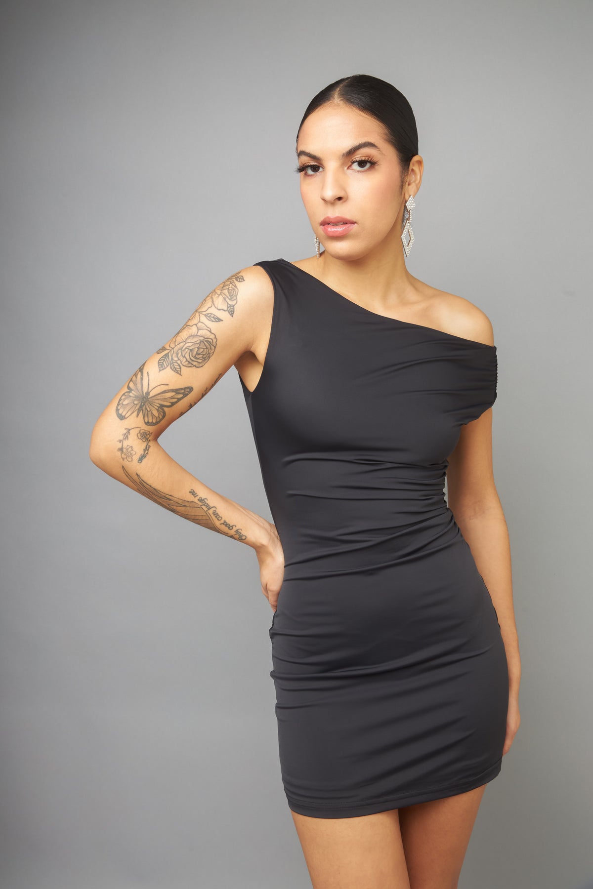 Modern Flair Black Ruched Off-The-Shoulder Mini Dress