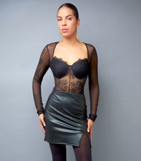Sultry Black Mesh Lace Long Sleeve Bodysuit