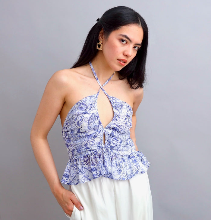 Beautifully Tailored Blue Navy Floral Smocked Halter Top