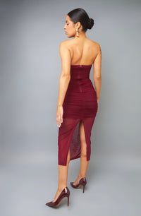 Sleek Burgundy Hotfix Ruched Strapless Midi Dress