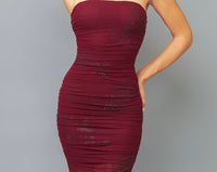 Sleek Burgundy Hotfix Ruched Strapless Midi Dress