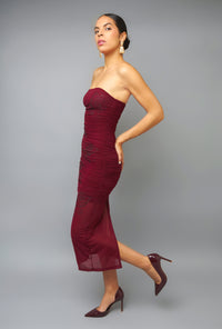 Sleek Burgundy Hotfix Ruched Strapless Midi Dress