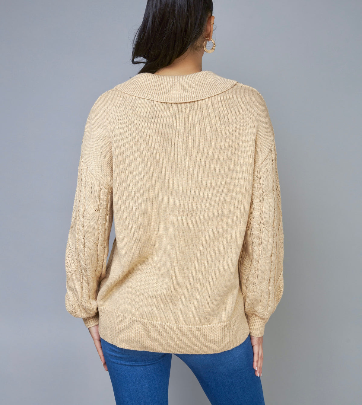 Winter Expression Taupe Collared Cable Knit Pullover Sweater