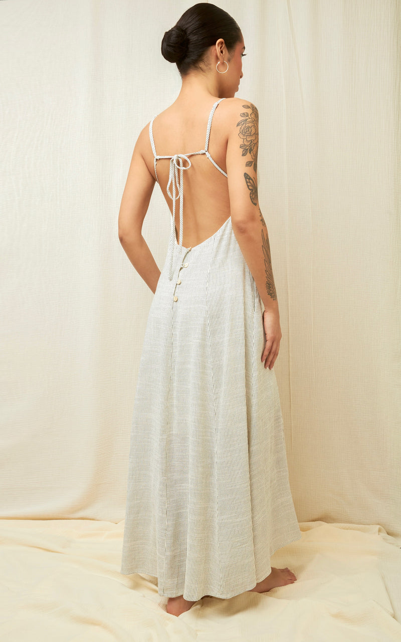 Summer Essence Natural Backless Pinstripe Maxi Dress