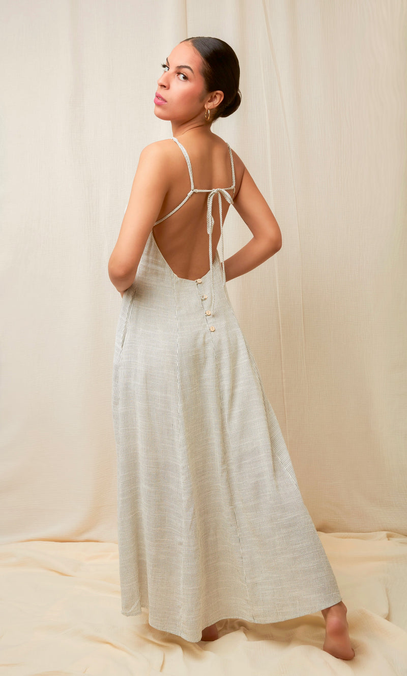 Summer Essence Natural Backless Pinstripe Maxi Dress