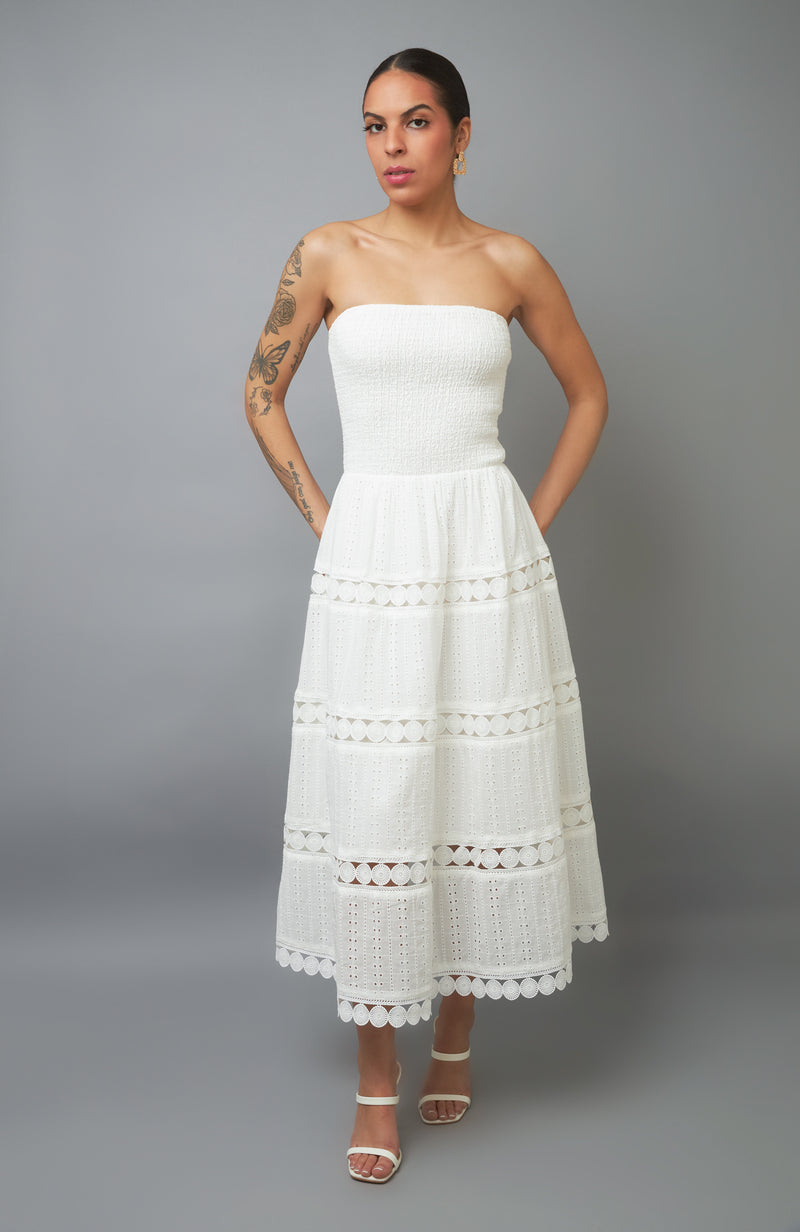 Feminine Elegance White Strapless Eyelet Midi Dress