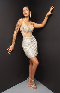 Jovani 41090 Champagne Beige Embellished Lace Up  Cocktail Dress