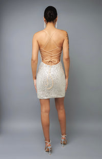 Jovani 41090 Champagne Beige Embellished Lace Up  Cocktail Dress