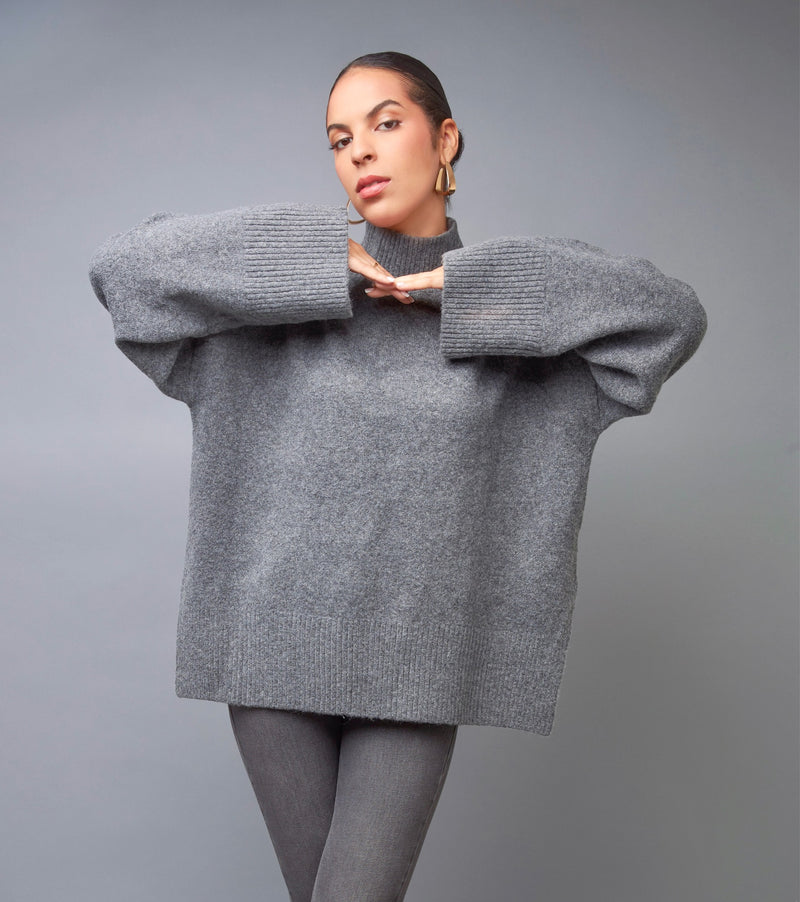 Modern Perfection Grey Mock Neck Oversized Pullover Sweater