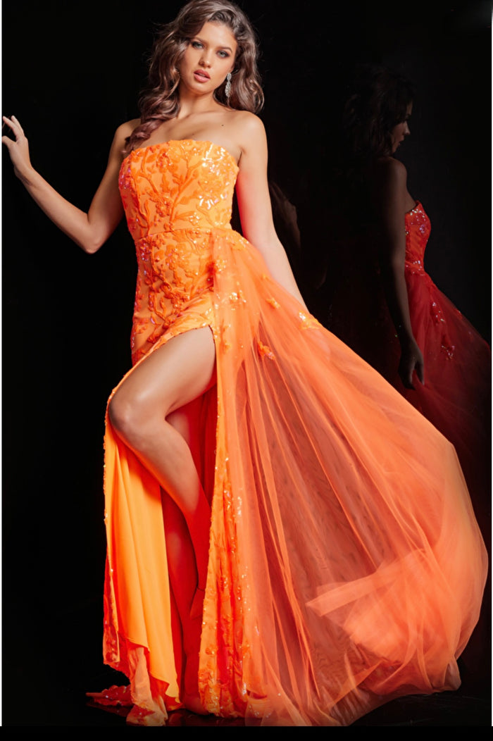 JOVANI 26134 Neon Orange Sequin Strapless Dress