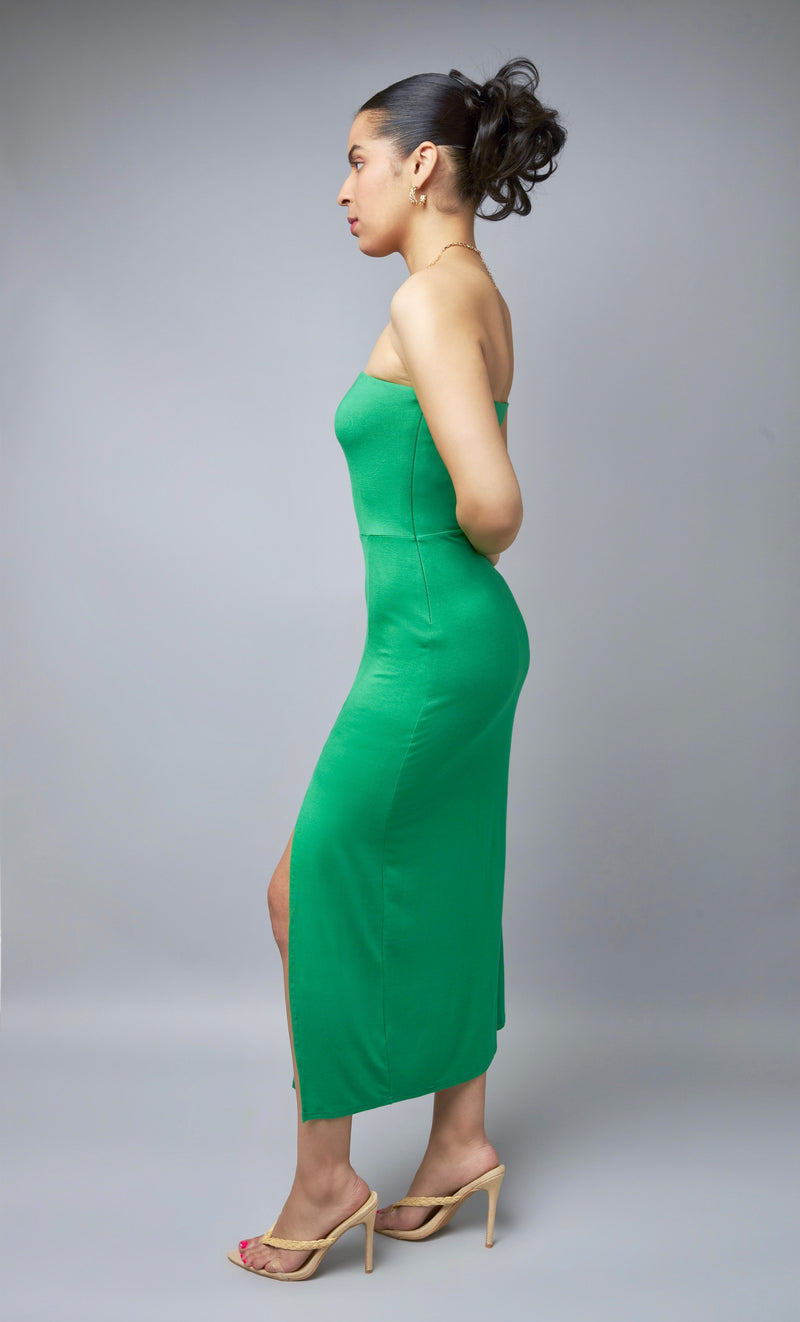 Impeccable Style Green Jersey Knit Strapless Midi Dress