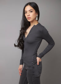 Rock star Chic Grey Crew-Neck Ribbed Knit Zipper Top