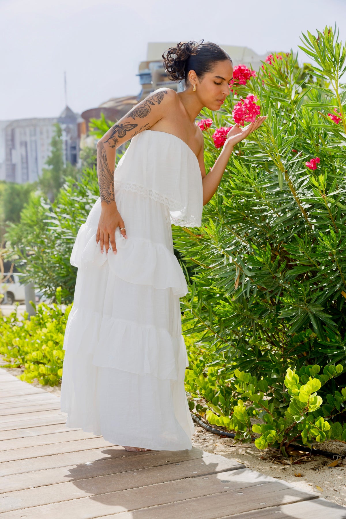 Graceful Movements White Flouncy Strapless Maxi Dress