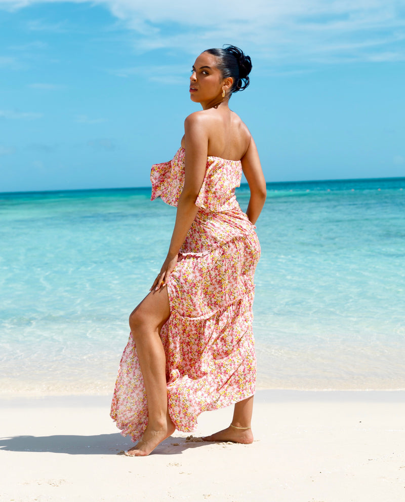 Tropical Chic Pink Floral Strapless Maxi Dress