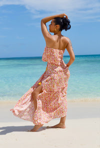 Tropical Chic Pink Floral Strapless Maxi Dress