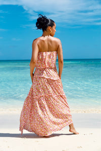 Tropical Chic Pink Floral Strapless Maxi Dress