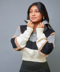 Laid-Back Charm Grey Color Block Pullover Knit Sweater